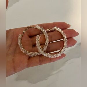 Kenneth Jay Lane Beaded Clear Crystal Gold Hoop Earrings
